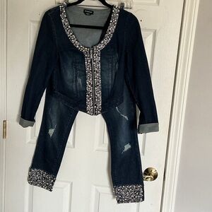 Bebe pearl and crystal Embellished Denim Jacket and cropped Jeans Set